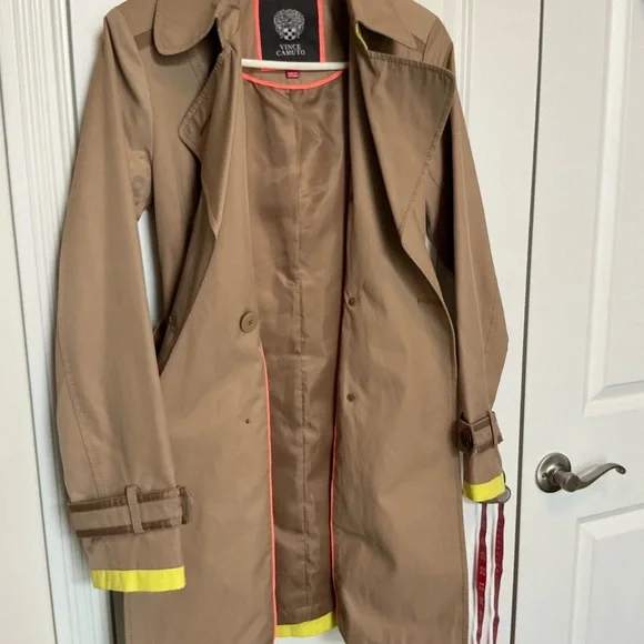 Vince Camuto Tan Khaki Trench Coat with Yellow Trim - Picture 7 of 7